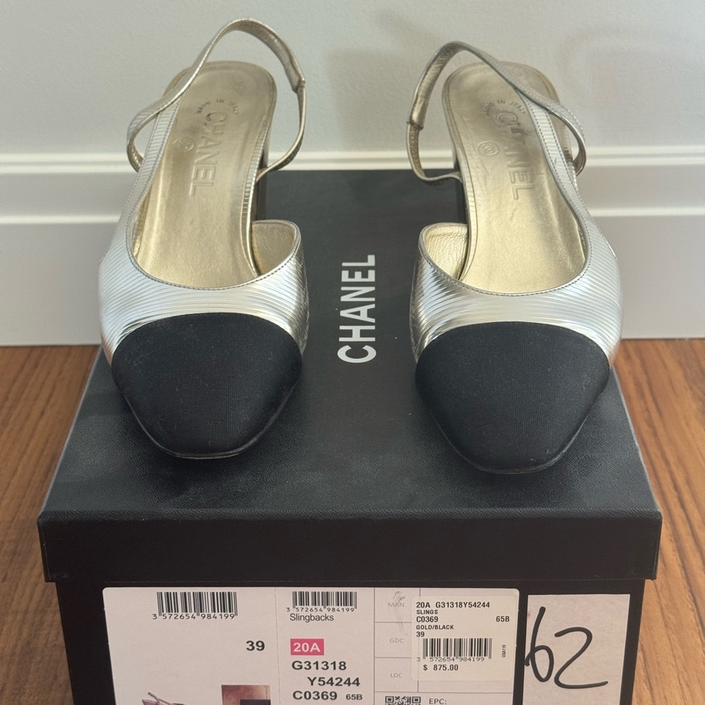 CHANEL Women's Gold and Black Slingback Heels in size 39